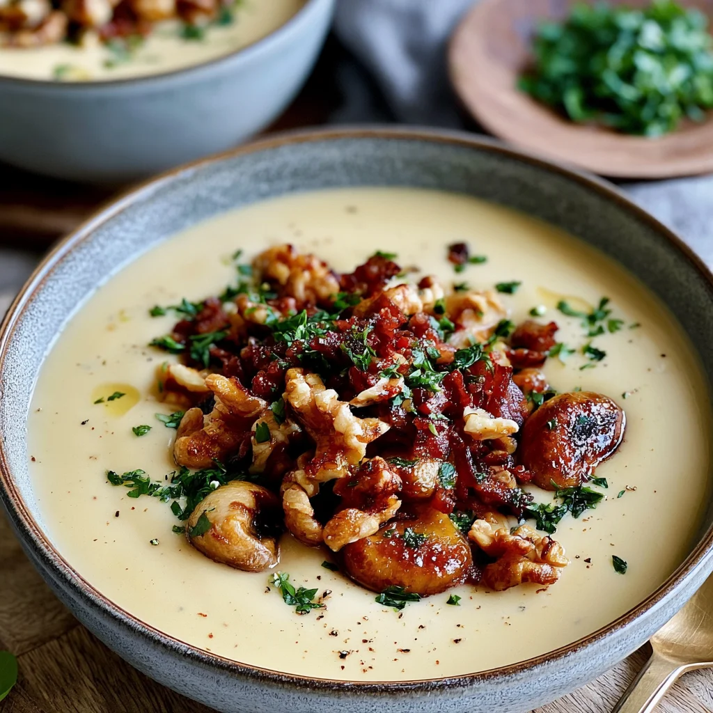 Köstliche Maronensuppe mit karamellisierten Nüssen und Speck – einfaches Rezept für den Herbst!